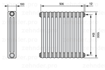 Схема (чертеж) Радиатор Zehnder Charleston 3100/11 №7610 Белый глянцевый RAL 9016